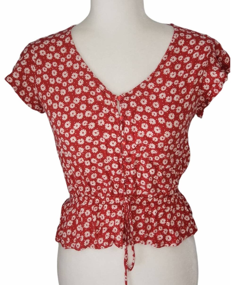 One Clothing Los Angeles Red & White Floral Peplum Shirt Top